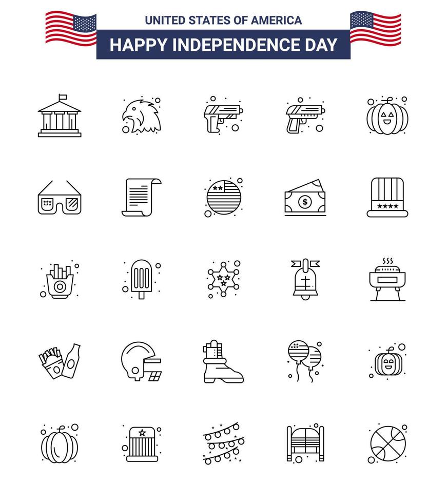 feliz dia da independência pacote de ícones de 25 linhas para web e imprimir óculos eua segurança óculos de sol abóbora editável dia eua vetor elementos de design