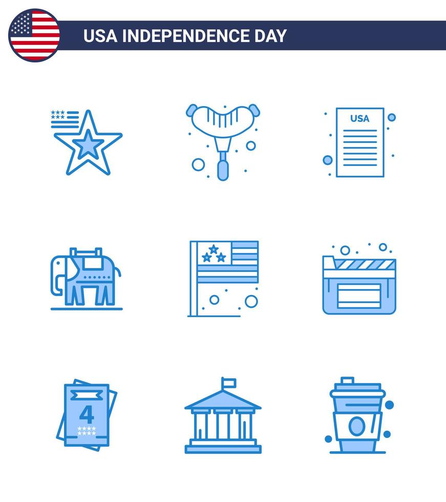 conjunto de 9 ícones do dia dos eua símbolos americanos sinais do dia da independência para declaração de bandeira de cinema da independência país eua editável elementos de design vetorial do dia dos eua vetor