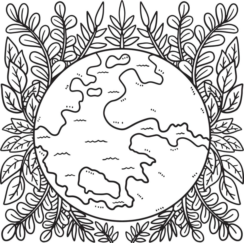 desenho de terra do dia da terra cercada por folhas para colorir vetor