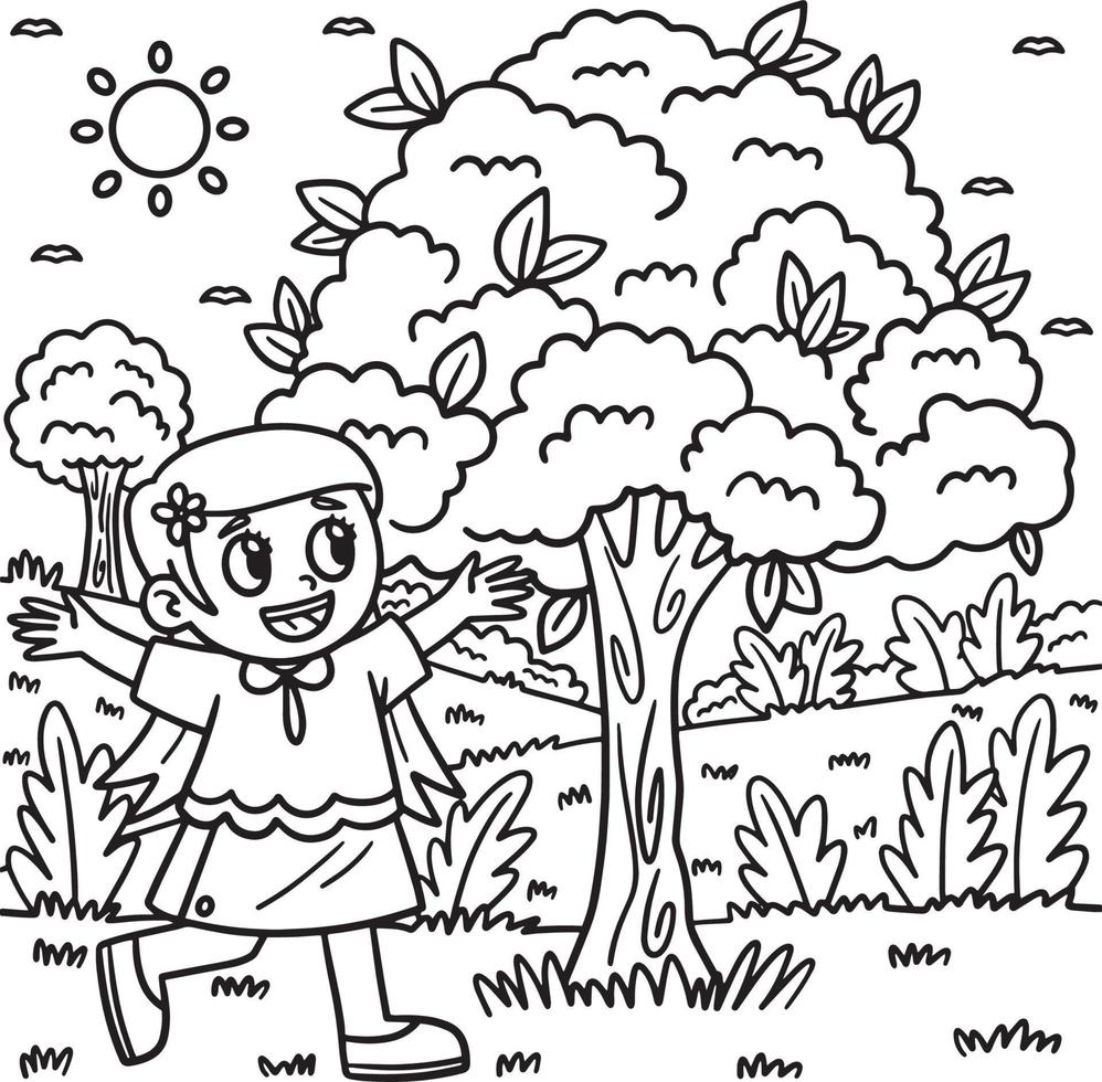 desenho de garota feliz do dia da terra em uma árvore para colorir vetor