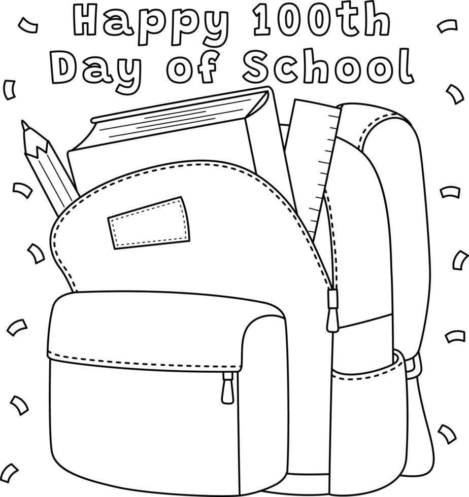 Página para colorir do 100º dia da mochila escolar para crianças vetor