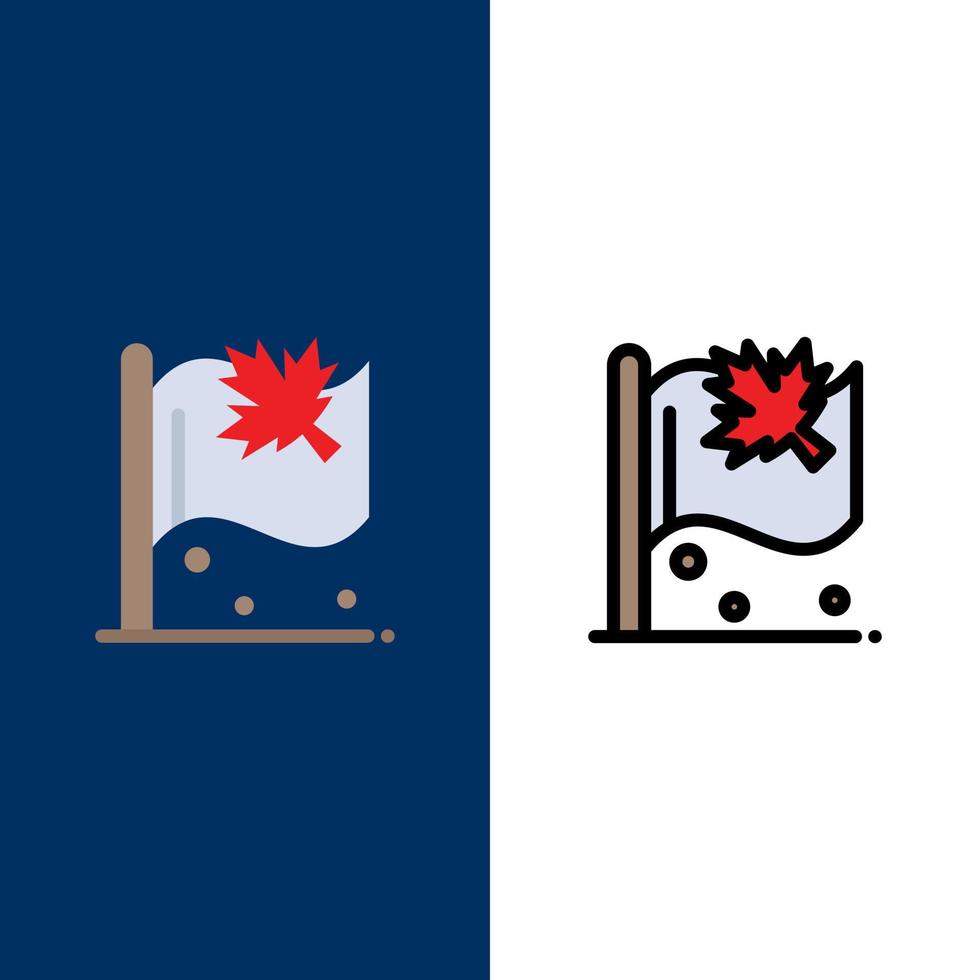 bandeira canadá ícones de sinal de folha plana e conjunto de ícones cheios de linha vector fundo azul