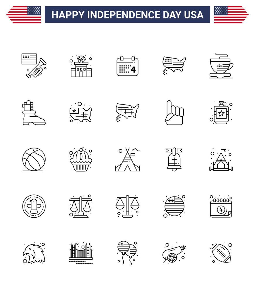 linha do dia da independência dos eua conjunto de 25 pictogramas dos eua da xícara calendário dos eua ação de graças americana editável dia dos eua elementos de design vetorial vetor