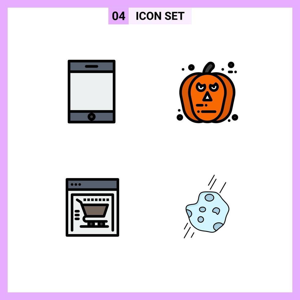 conjunto de cores planas de linha preenchida de interface móvel de 4 pictogramas da loja da web do dispositivo enfrenta elementos de design de vetores editáveis de astronomia assustadora