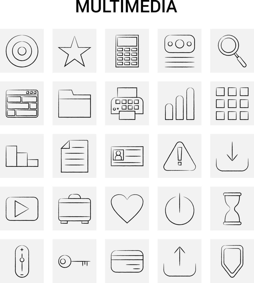 Conjunto de ícones multimídia desenhados à mão com 25 doodles vetoriais de fundo cinza vetor