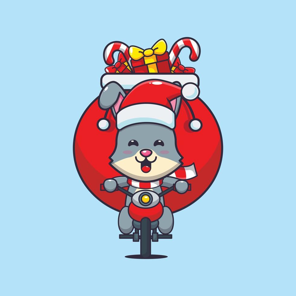 coelho fofo carregando presente de natal com motocicleta. ilustração bonito dos desenhos animados de Natal. vetor