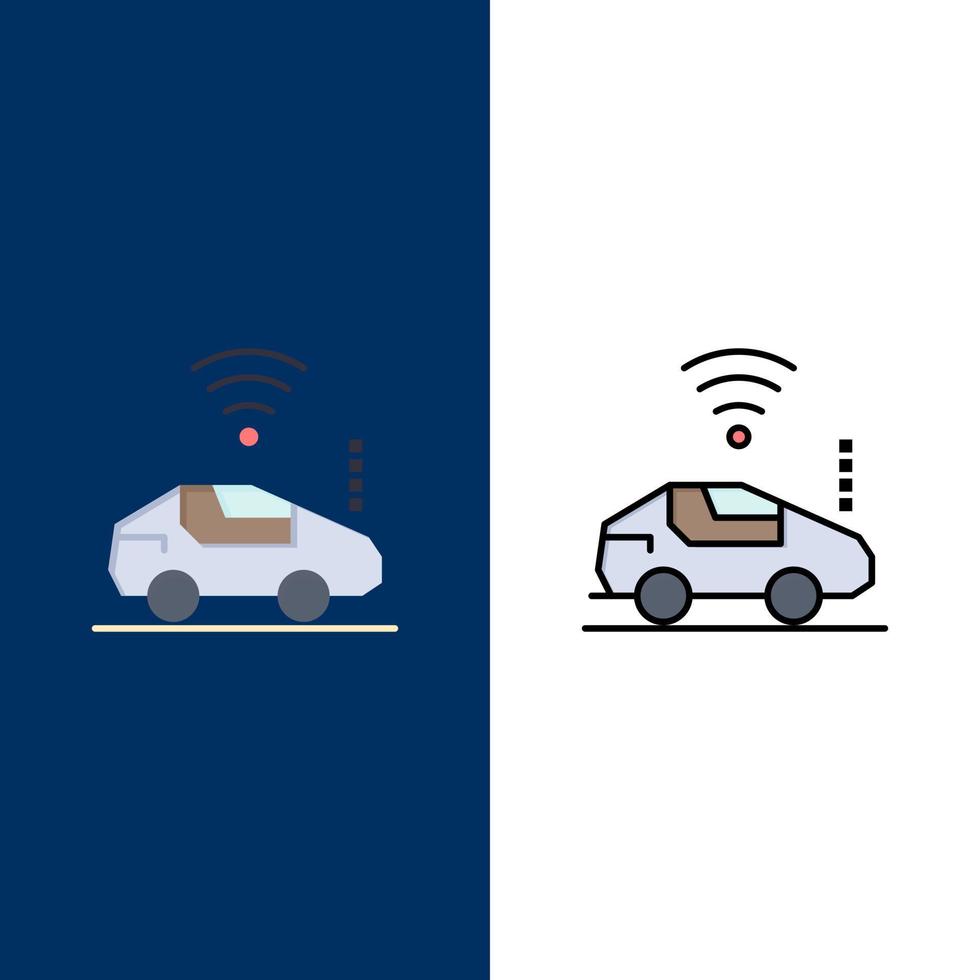 ícones de sinal wifi de carro automático plano e conjunto de ícones cheios de linha vector fundo azul