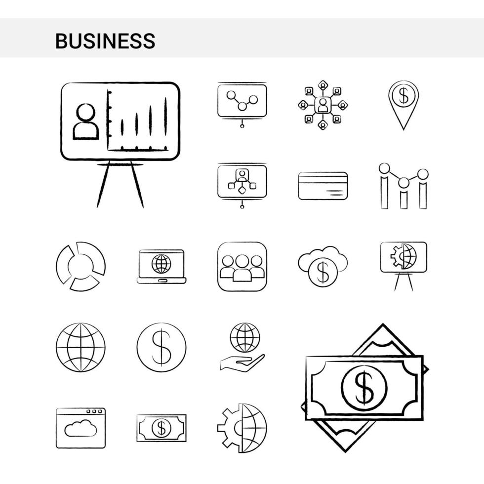 estilo de conjunto de ícones desenhados à mão de negócios isolado no vetor de fundo branco