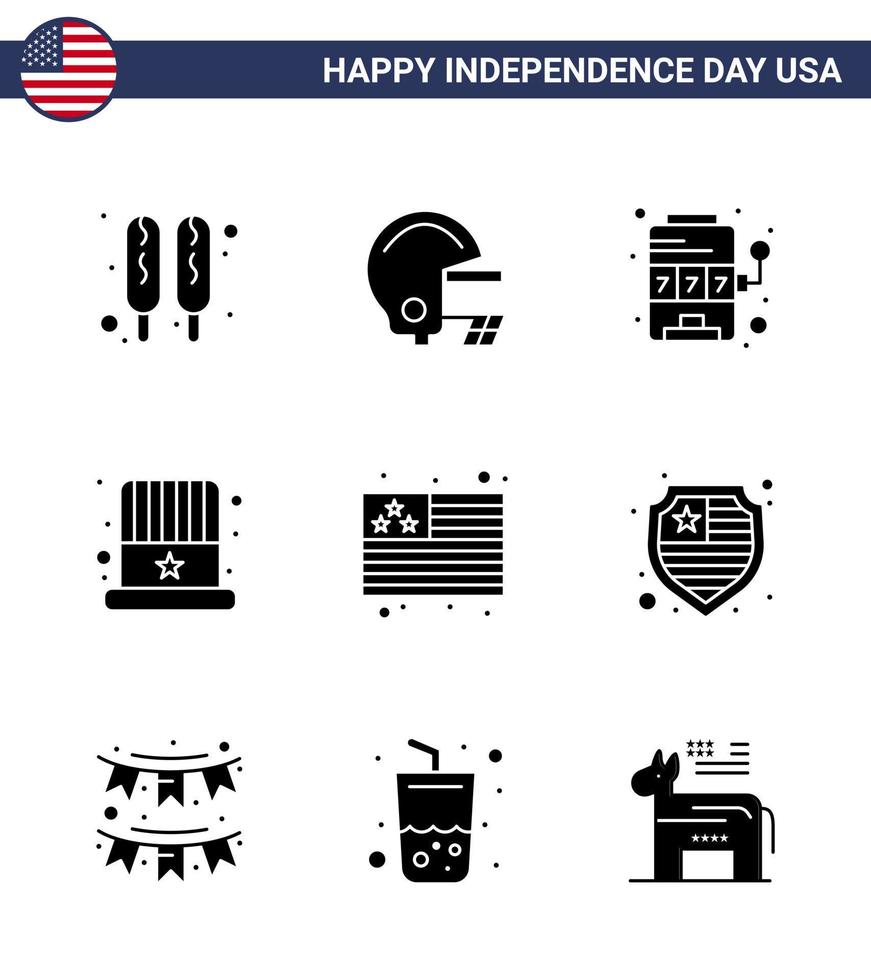 9 sinais de glifos sólidos para o dia da independência dos eua, bandeira americana, chapéu de país, editável, elementos de design vetorial do dia dos eua vetor