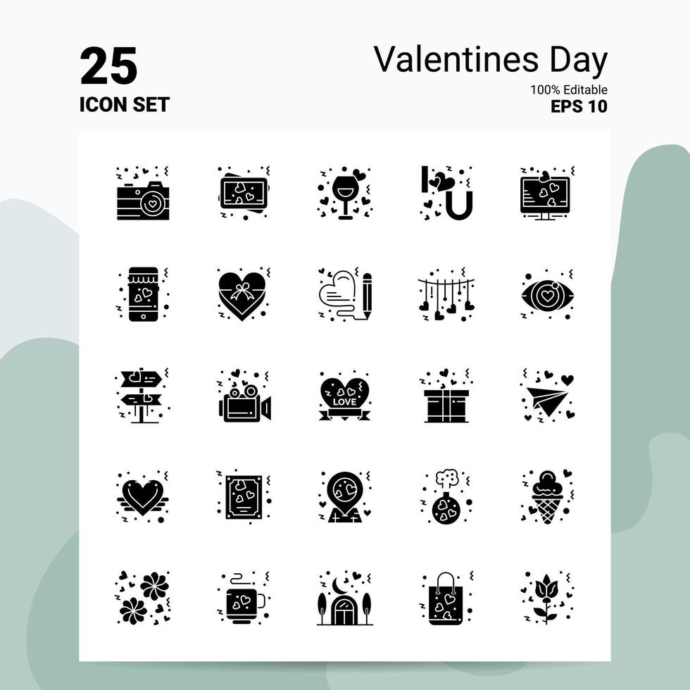 25 conjunto de ícones do dia dos namorados 100 eps editáveis 10 arquivos idéias de conceito de logotipo de negócios design de ícone de glifo sólido vetor
