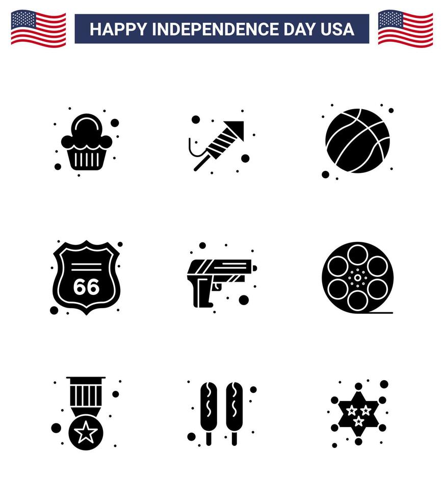 feliz dia da independência dos eua conjunto de pictogramas de 9 glifos sólidos simples de segurança sinal americano americano segurança editável dia dos eua vetor elementos de design