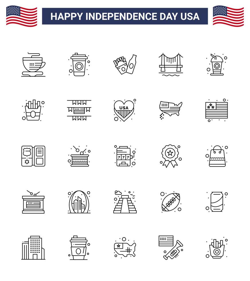 grupo de 25 linhas definidas para o dia da independência dos estados unidos da américa, como bebida rápida americana cola paisagem urbana editável dia dos eua elementos de design vetorial vetor