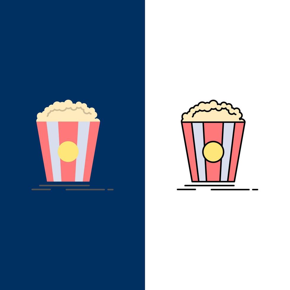 ícones de lanche de cinema de pipoca plana e cheia de linha conjunto de ícones vector fundo azul