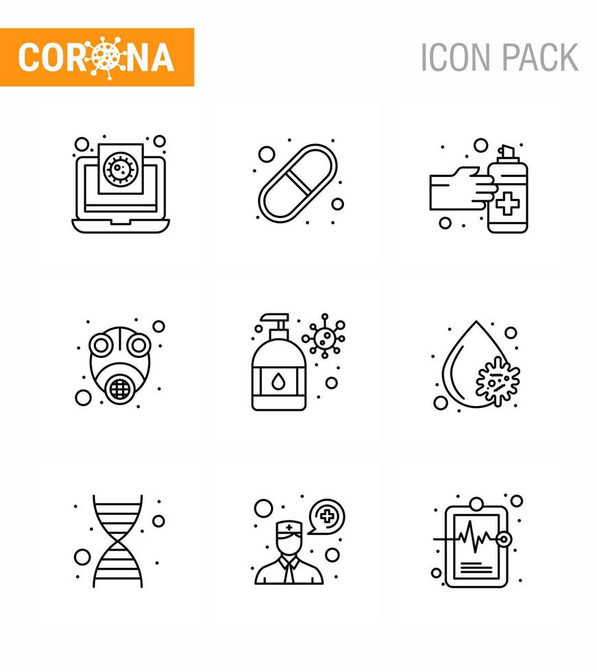 conjunto de ícones covid19 para pacote de 9 linhas de infográfico, como pílulas de máscara de vírus, spray de gás, coronavírus viral, doença de 2019nov, elementos de design vetorial vetor