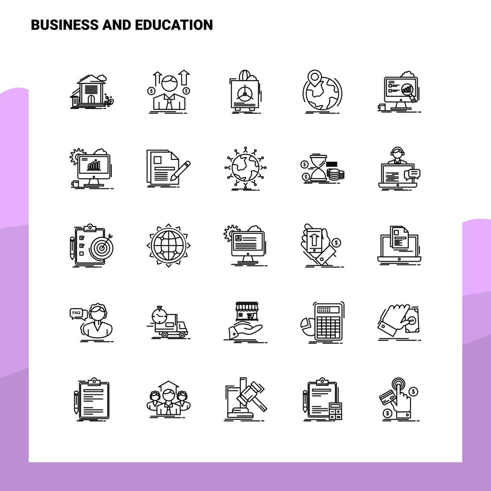 conjunto de ícones de linha de negócios e educação conjunto 25 ícones design de estilo de minimalismo vetorial conjunto de ícones pretos pacote de pictograma linear vetor