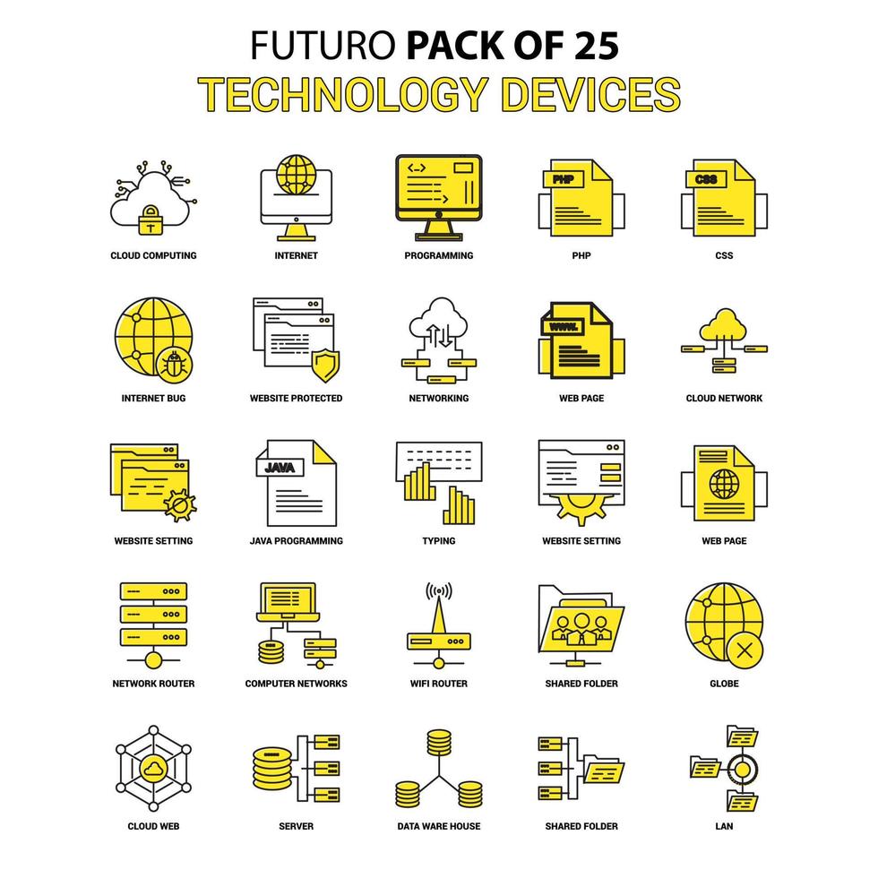 conjunto de ícones de dispositivo de tecnologia futuro amarelo pacote de ícones de design mais recente vetor