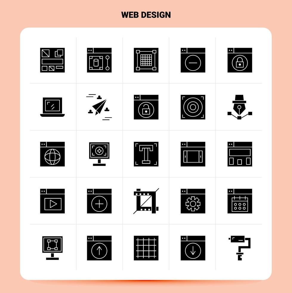 conjunto de ícones de design web sólido 25 design de estilo de glifo vetorial conjunto de ícones pretos web e design de ideias de negócios móveis ilustração vetorial vetor