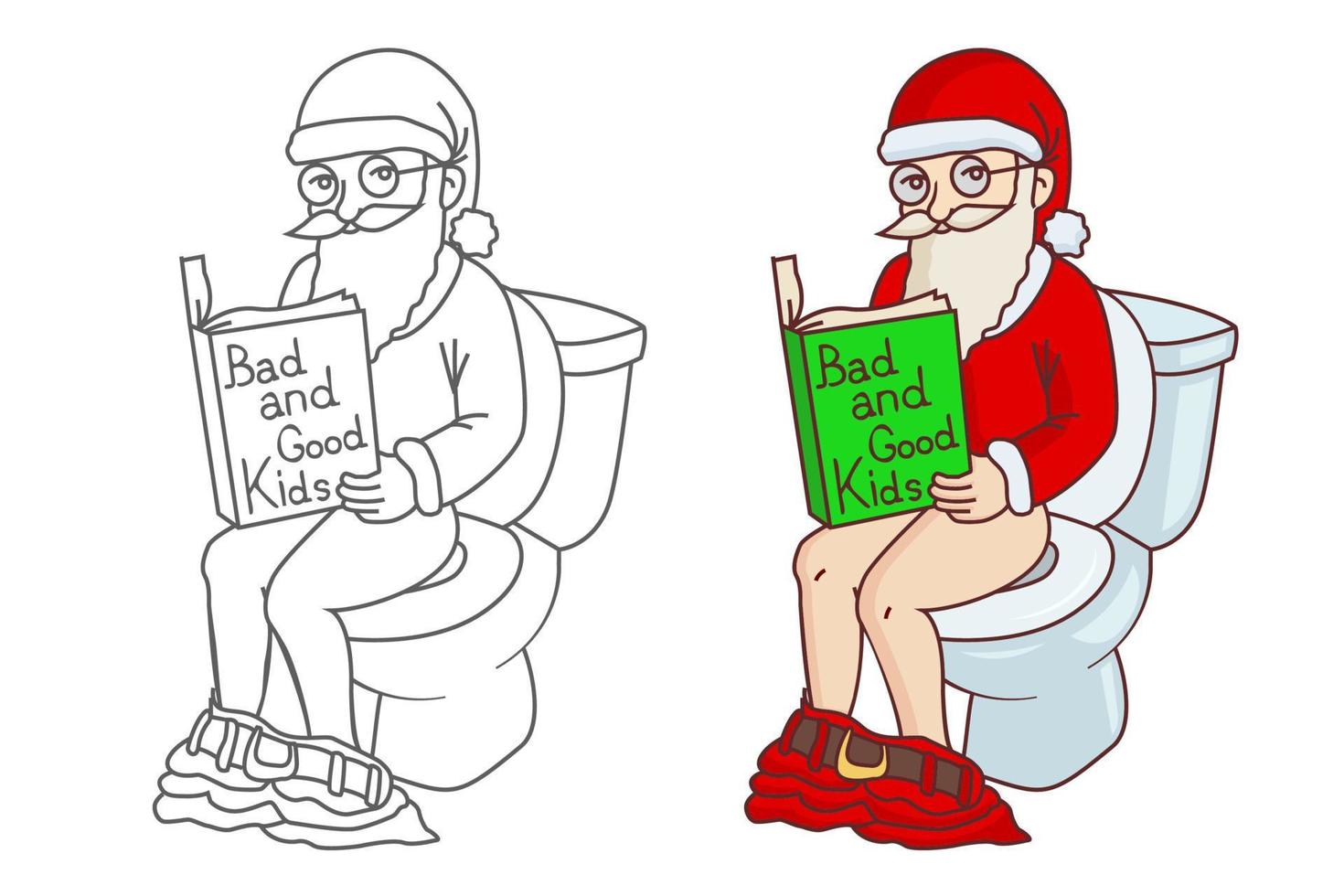 papai noel sentado no banheiro e lendo um livro sobre crianças boas e más. ilustração engraçada do humor do Natal. vetor