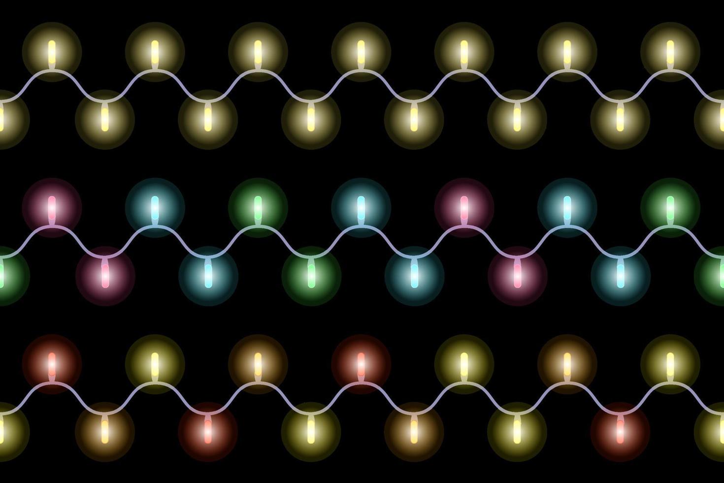 conjunto de padrão de luzes de natal. guirlandas de natal em cores diferentes, luzes coloridas repetidas sem costura. vetor