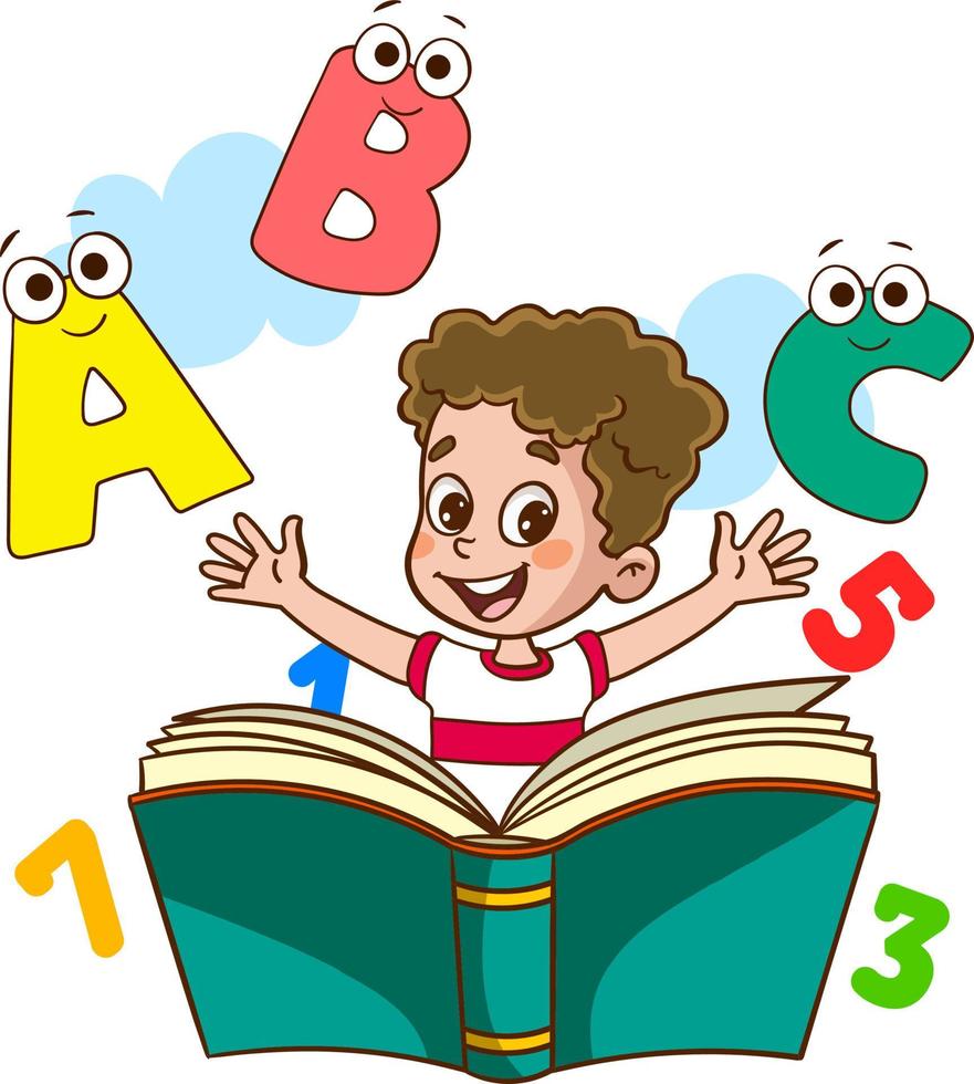 criança bonitinha feliz com livro e letras criança bonitinha lendo uma ilustração vetorial de livro crianças aprendendo a ler e escrever vetor