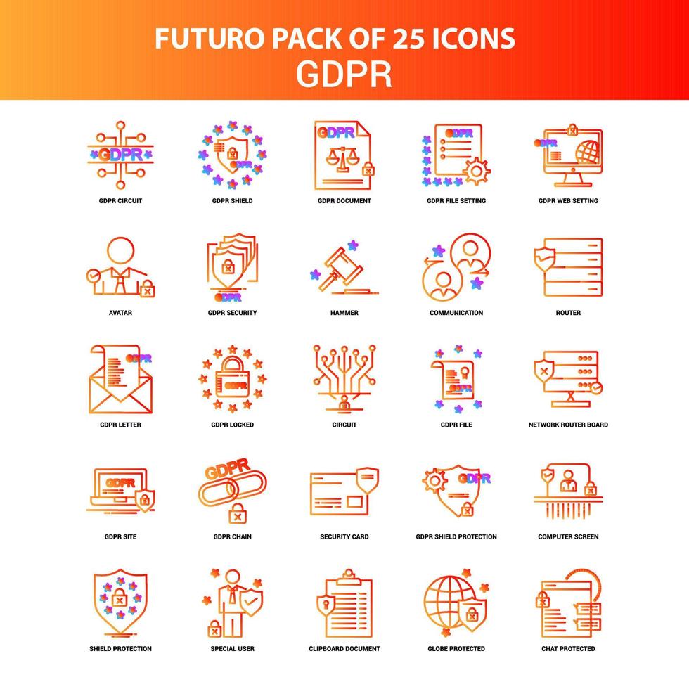 conjunto de ícones laranja futuro 25 gdpr vetor