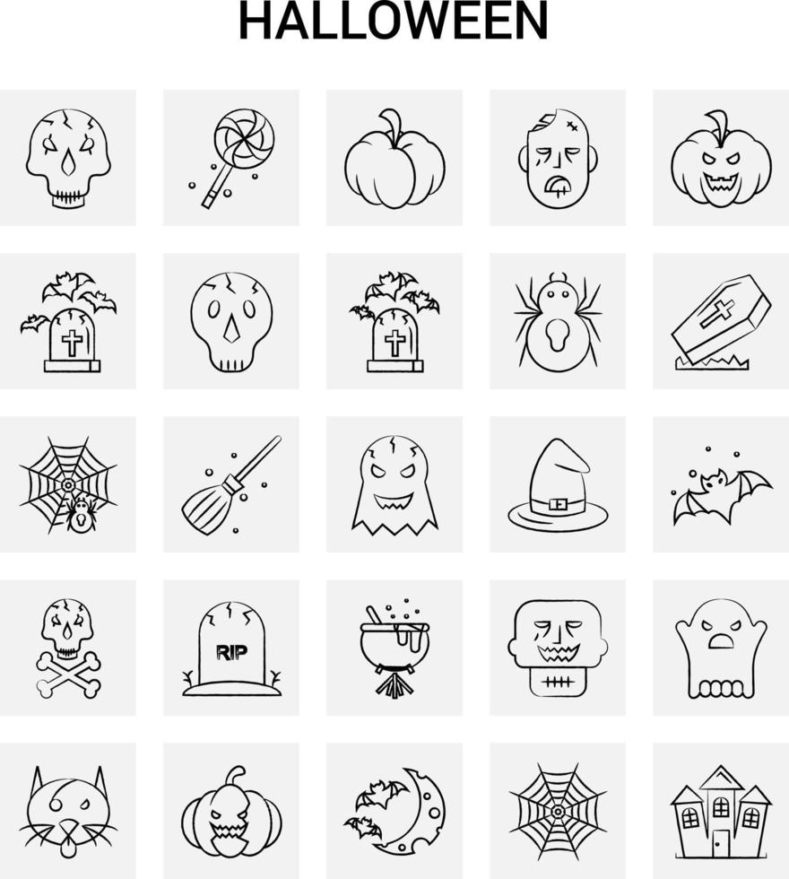 25 ícones de halloween desenhados à mão doodle de vetor de fundo cinza