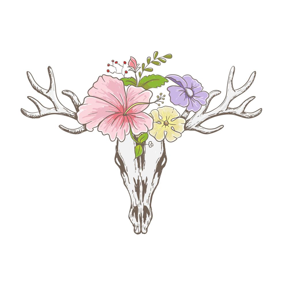 crânio de veado com flores, desenho desenhado à mão vetor