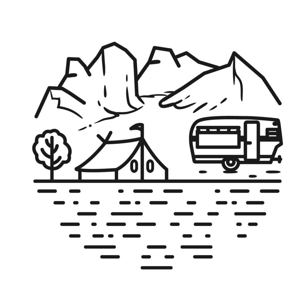 trailer de acampamento de verão, design de arte de linha vetor