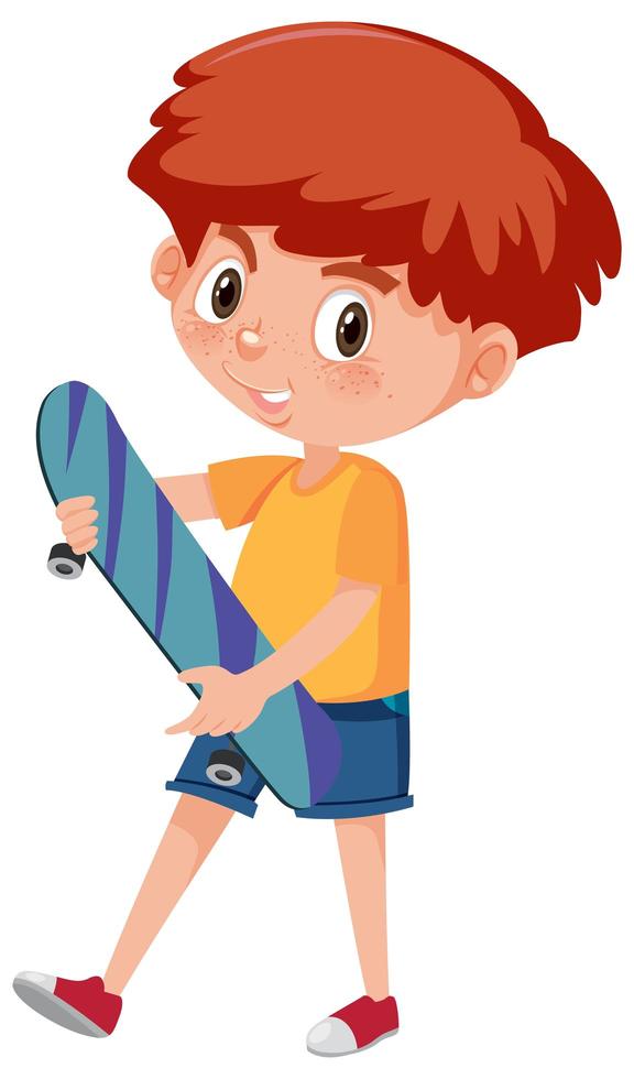 menino segurando um personagem de desenho animado de skate vetor