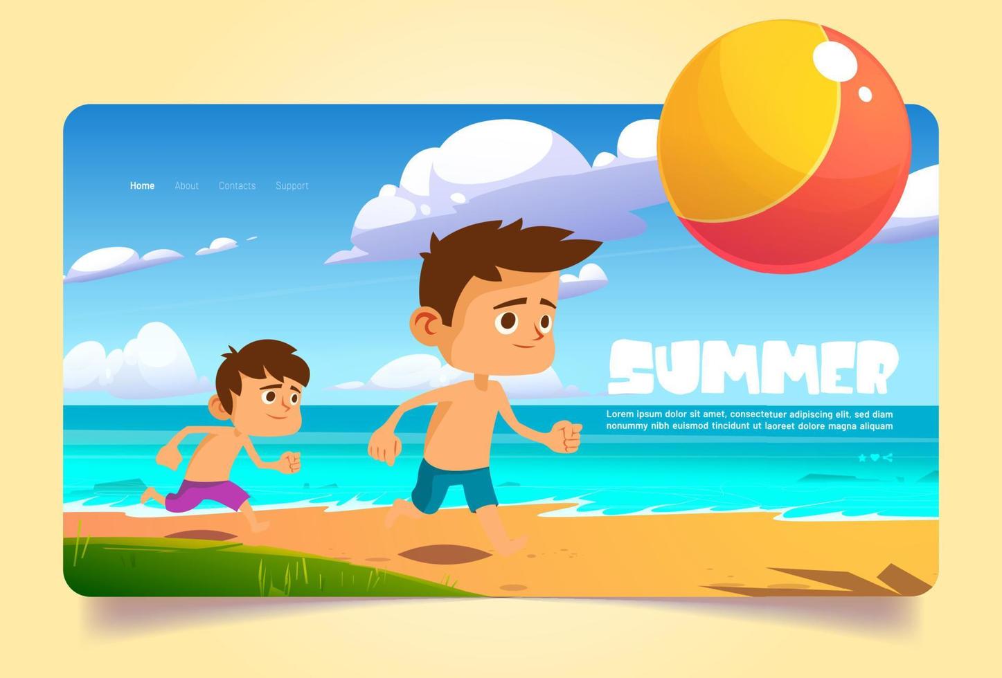 banner de verão com crianças brincam na praia do mar vetor