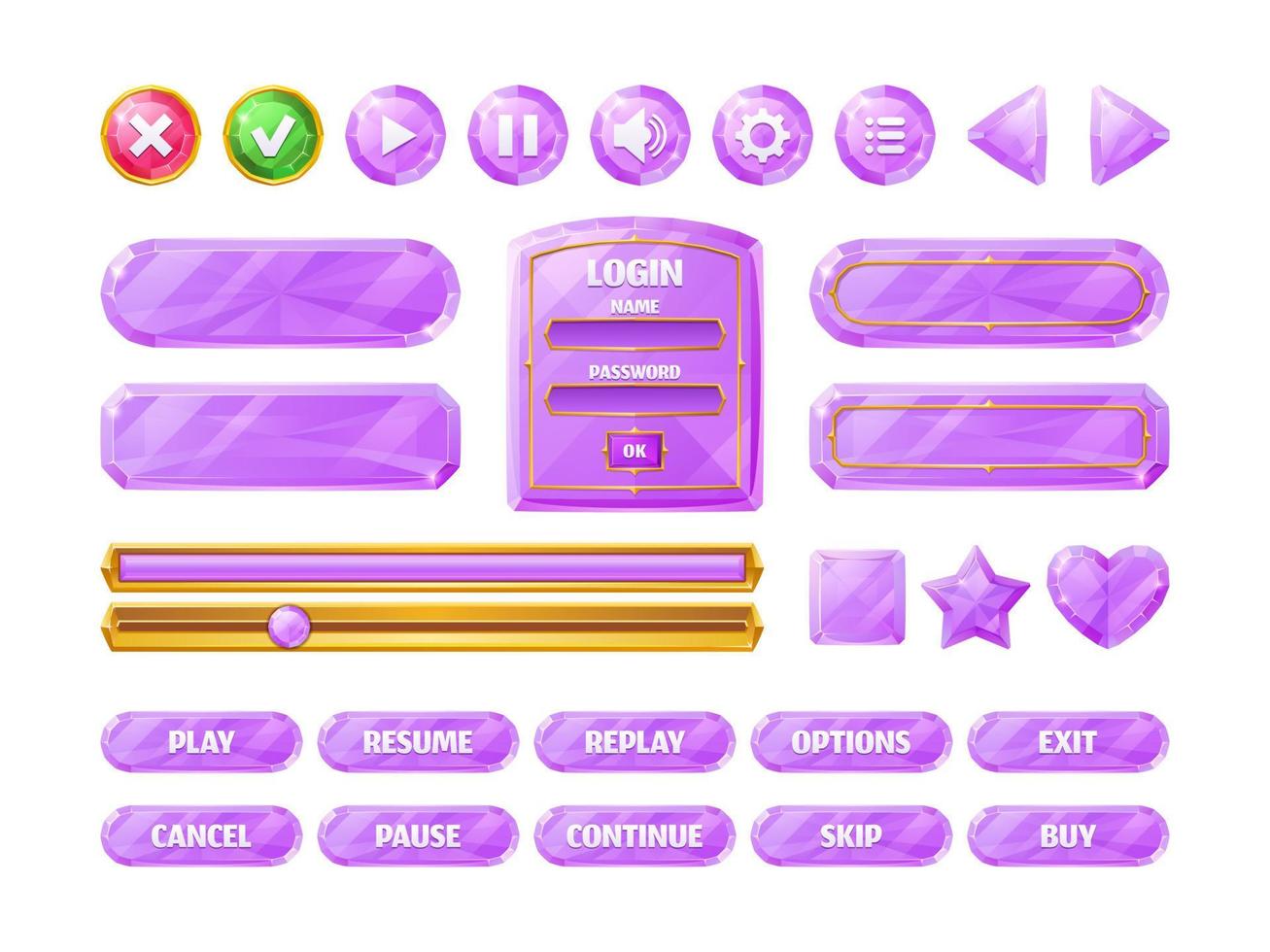 botões de interface do usuário do jogo de diamante, elementos de cristal rosa vetor
