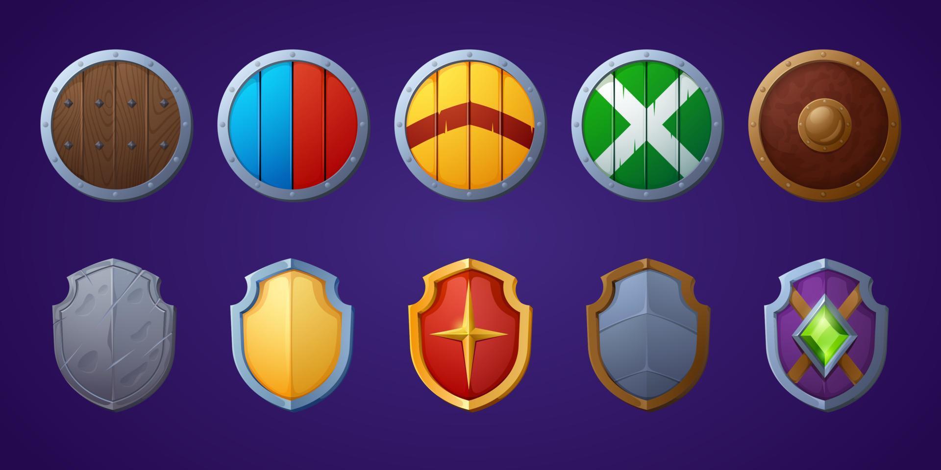 conjunto de escudos de jogo desenhos animados fantasia medieval armadura vetor