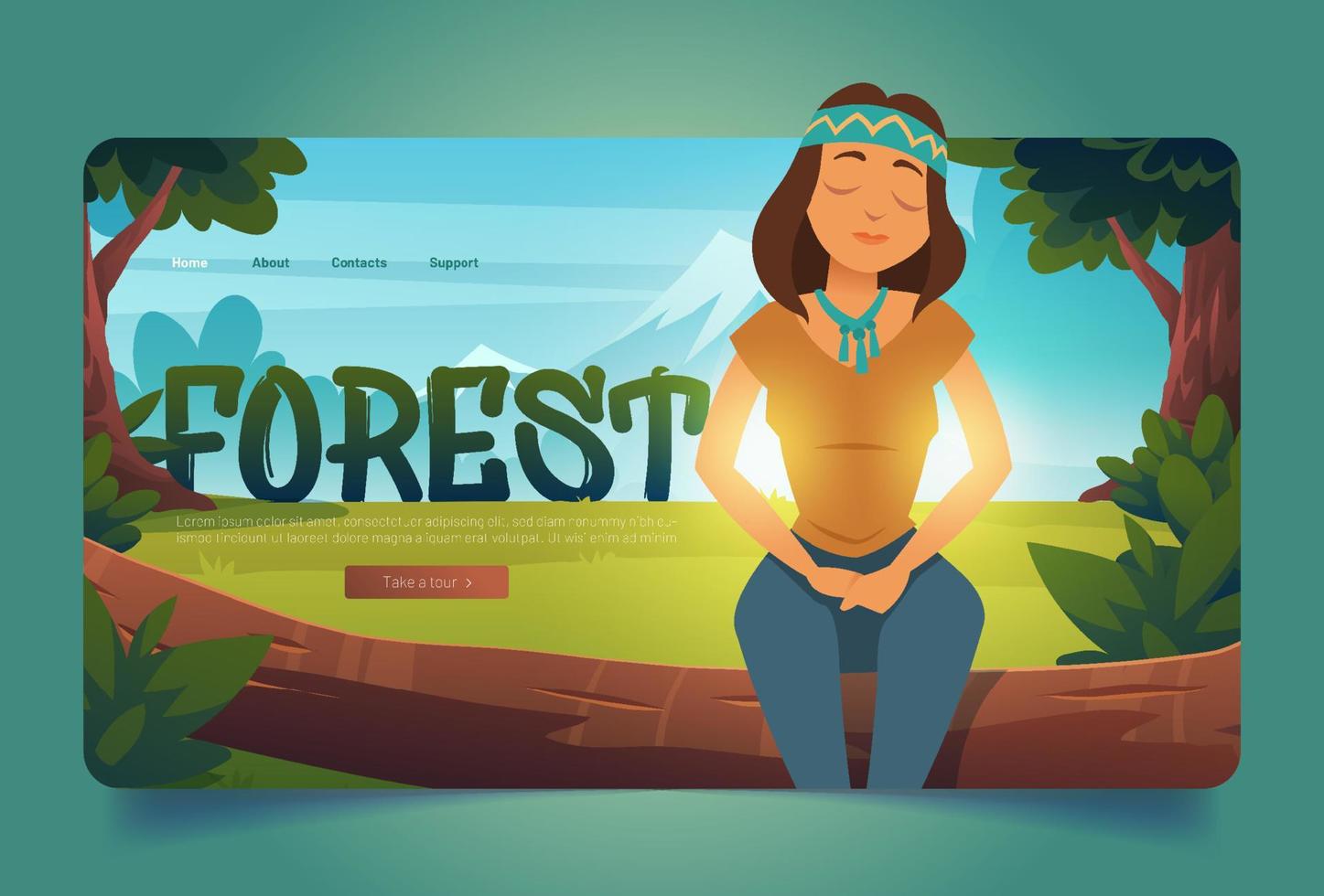 página de destino dos desenhos animados da floresta, mulher curtindo a natureza vetor