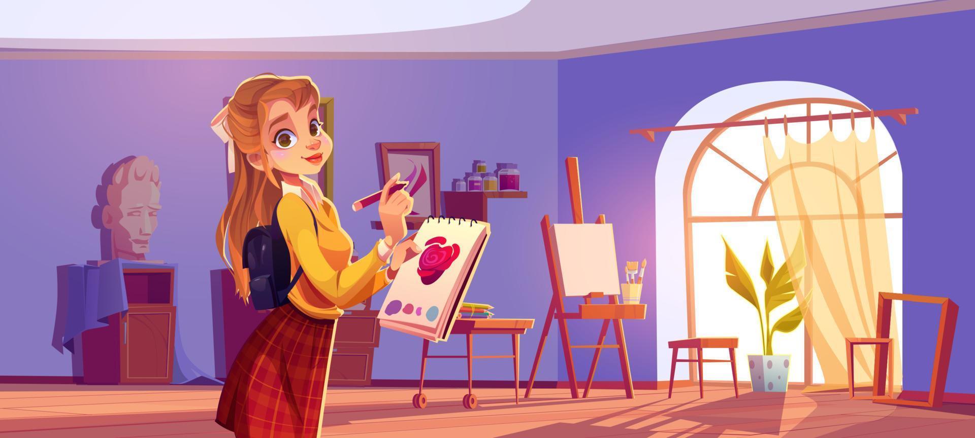 pintora de menina em estúdio de arte com telas e pincéis vetor