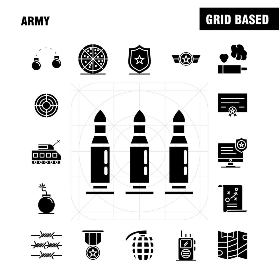 ícones de glifo sólido do exército definidos para kit de uxui móvel de infográficos e design de impressão incluem lei de aplicação de distintivo de monitor arame farpado do exército vetor de conjunto de ícones francês