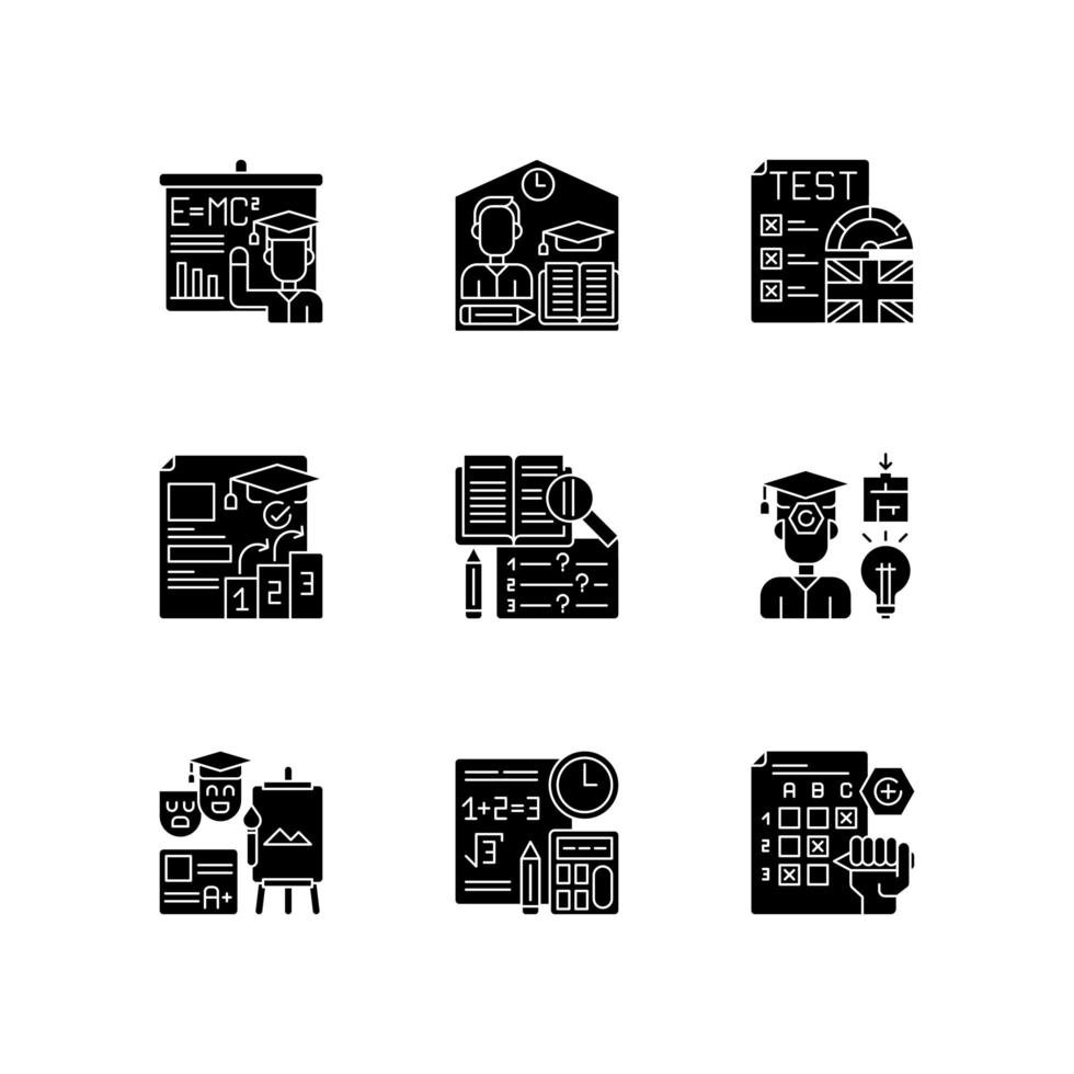 tipos de exame, conjunto de ícones de glifo preto vetor
