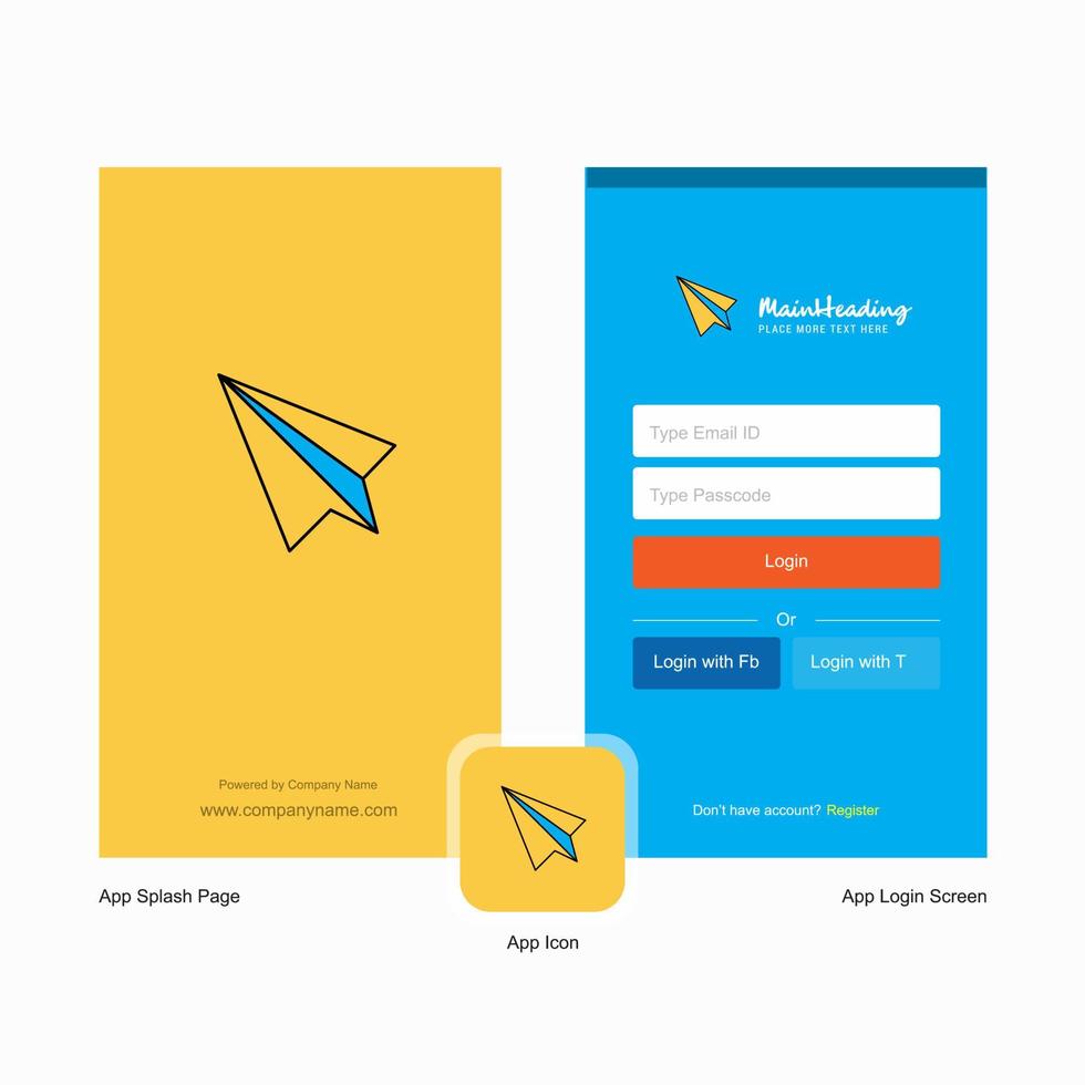 tela inicial de avião de papel da empresa e design de página de login com modelo de logotipo modelo de negócios on-line móvel vetor