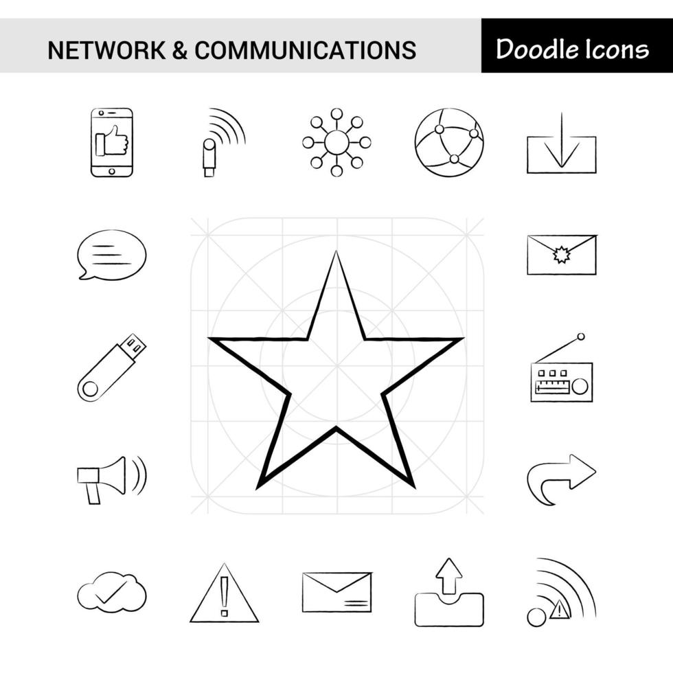conjunto de 17 ícones desenhados à mão de rede e comunicação vetor