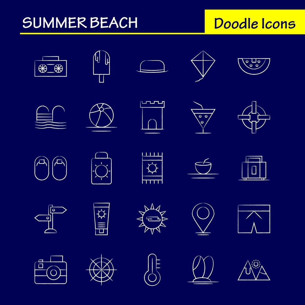 ícone desenhado à mão de praia de verão para impressão na web e kit uxui móvel, como creme de sol de verão creme de sol praia férias piscina pictograma vetor de pacote
