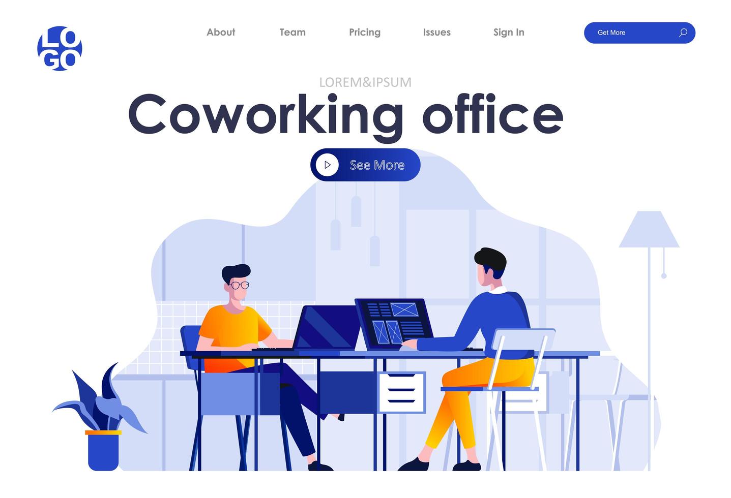 design de página de destino plana de coworking para escritório vetor