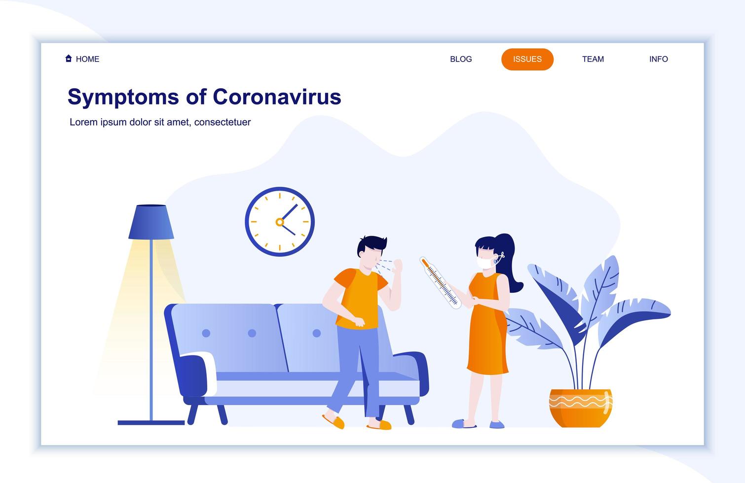 sintomas da doença coronavírus página de destino plana vetor