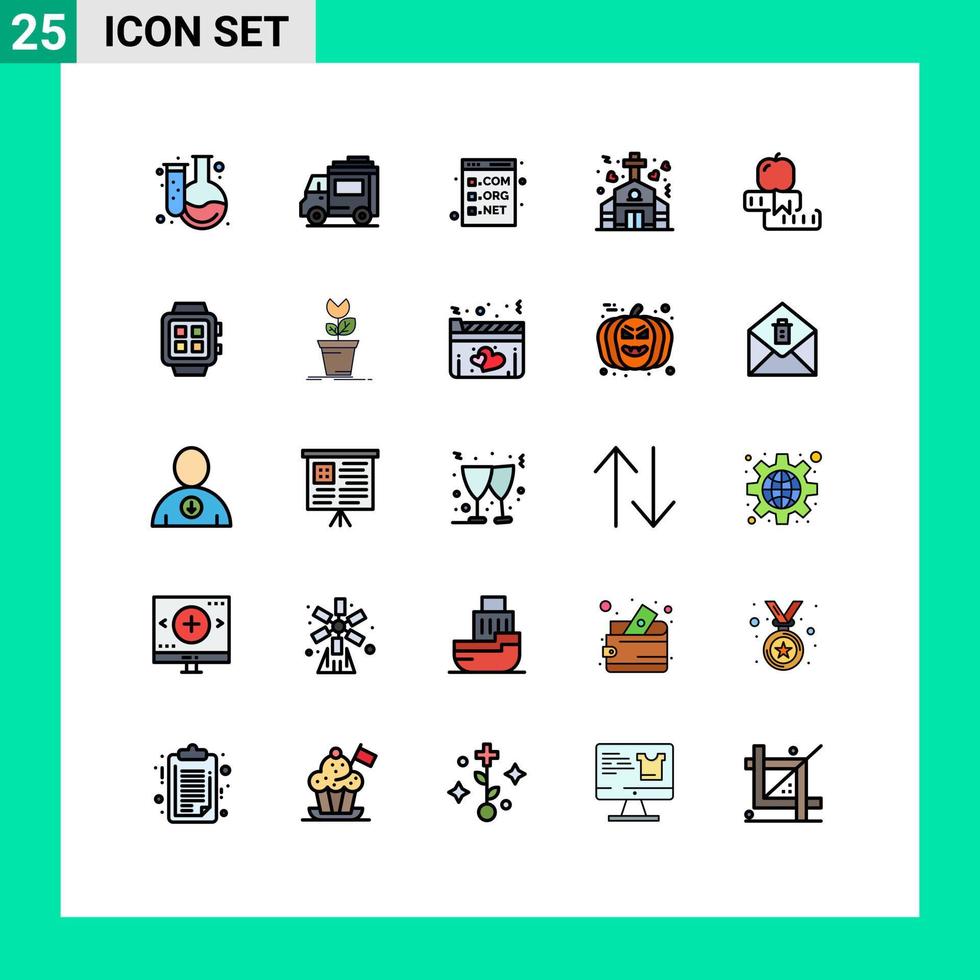 conjunto moderno de 25 cores e símbolos planos de linha preenchida, como educação, navegador de casamento, programação de igreja, elementos de design de vetores editáveis