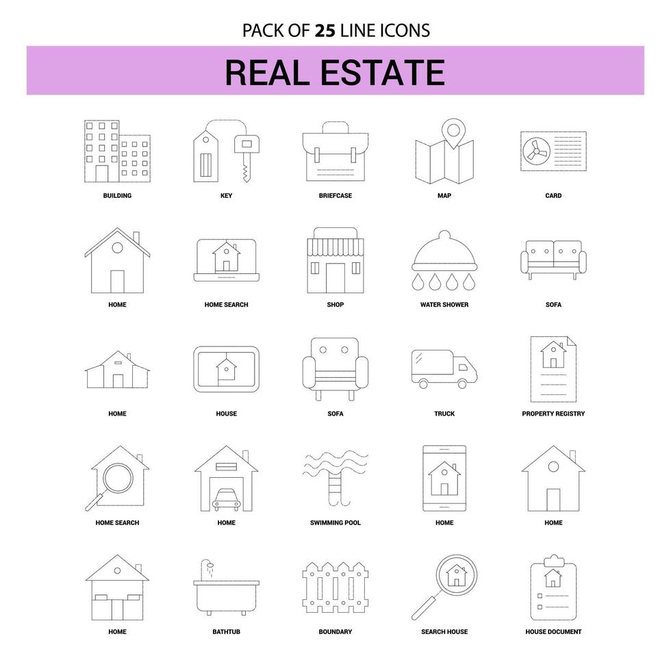conjunto de ícones de linha imobiliária 25 estilo de contorno tracejado vetor