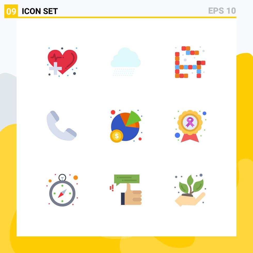 pacote de 9 sinais e símbolos modernos de cores planas para mídia impressa na web, como gráfico de estatísticas, chamada telefônica de primavera, elementos de design vetorial editáveis vetor