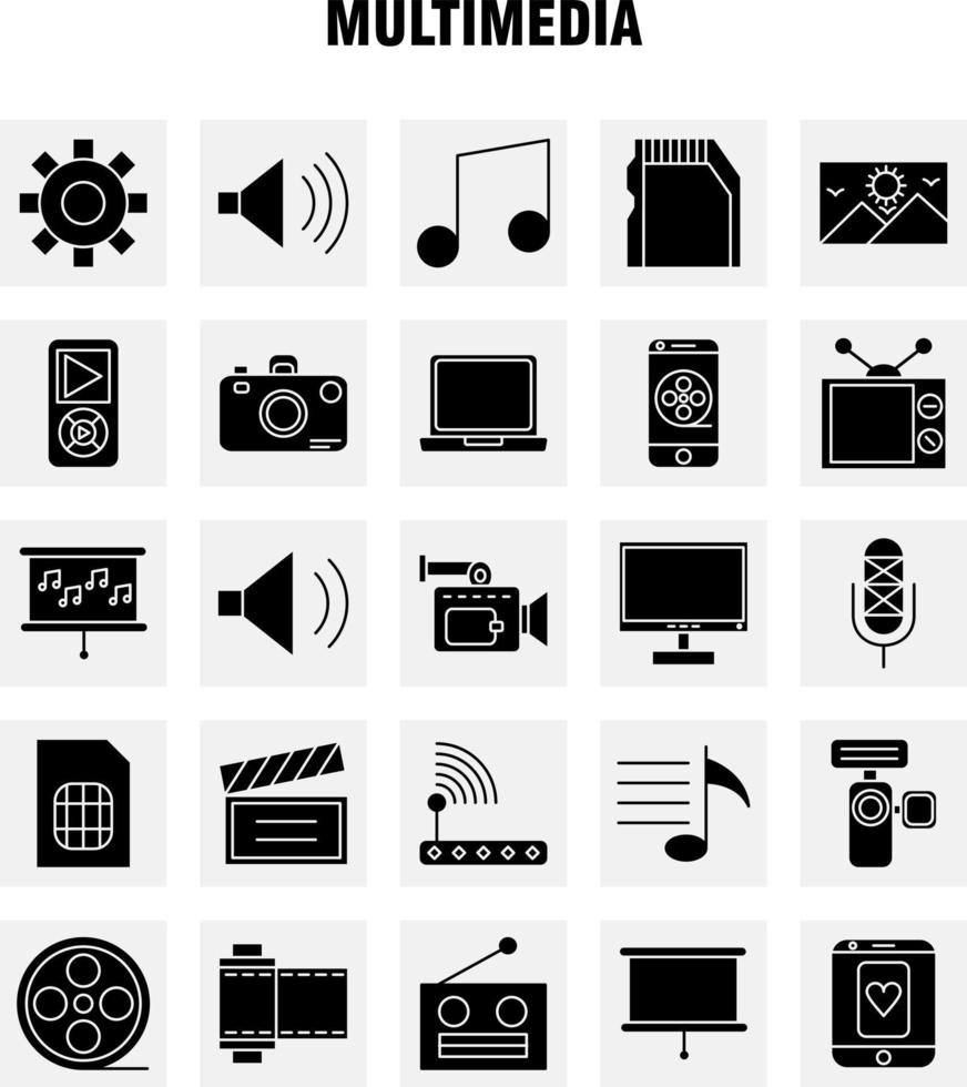 ícone de glifo sólido multimídia para impressão na web e kit de uxui móvel, como engrenagem, manutenção, configuração, ferramenta, ajuste, alto-falante, hardware de computador, vetor de pacote de pictogramas