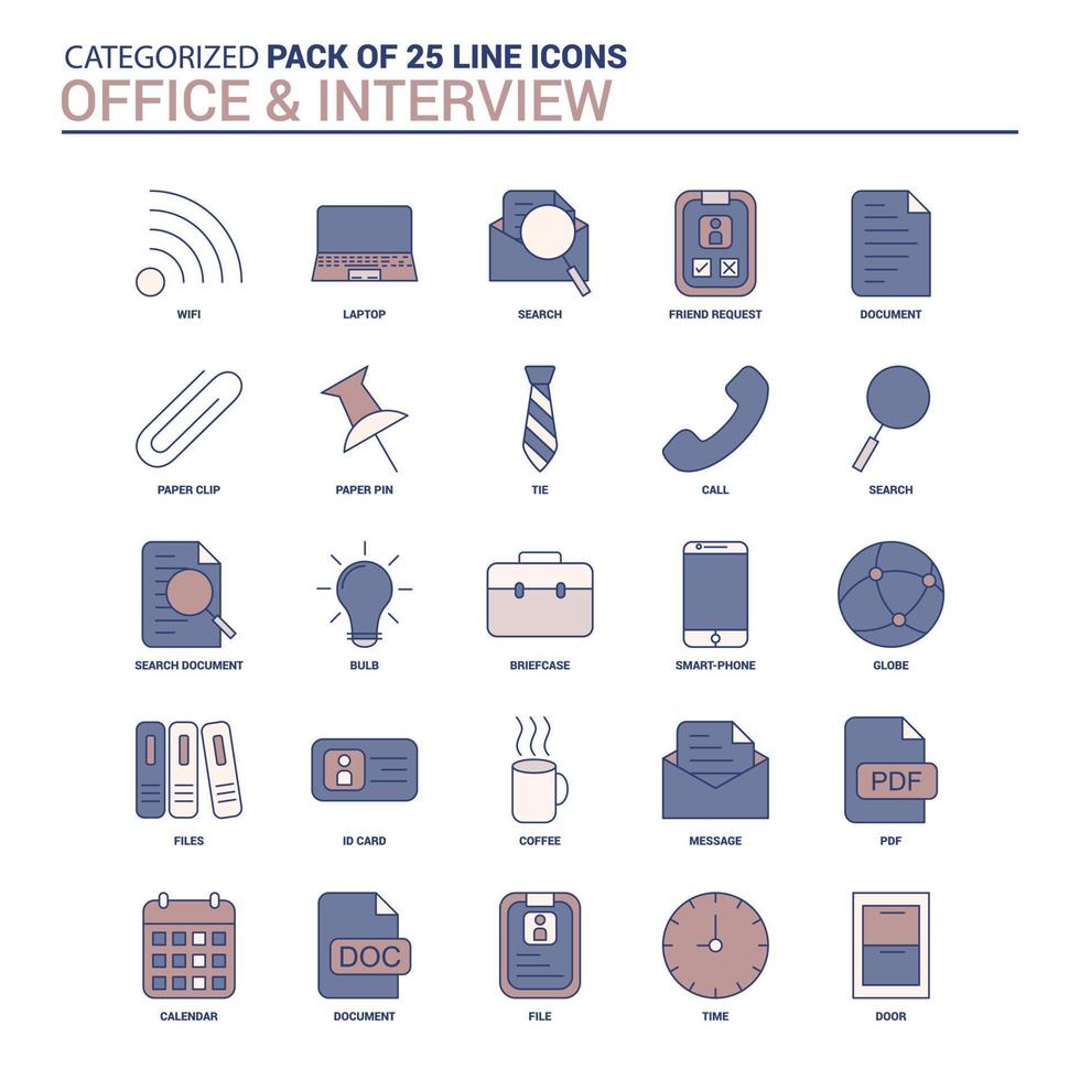escritório vintage e conjunto de ícones de entrevista conjunto de ícones de 25 linhas planas vetor