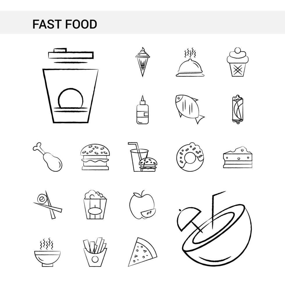 estilo de conjunto de ícones desenhados à mão de fast food isolado no vetor de fundo branco