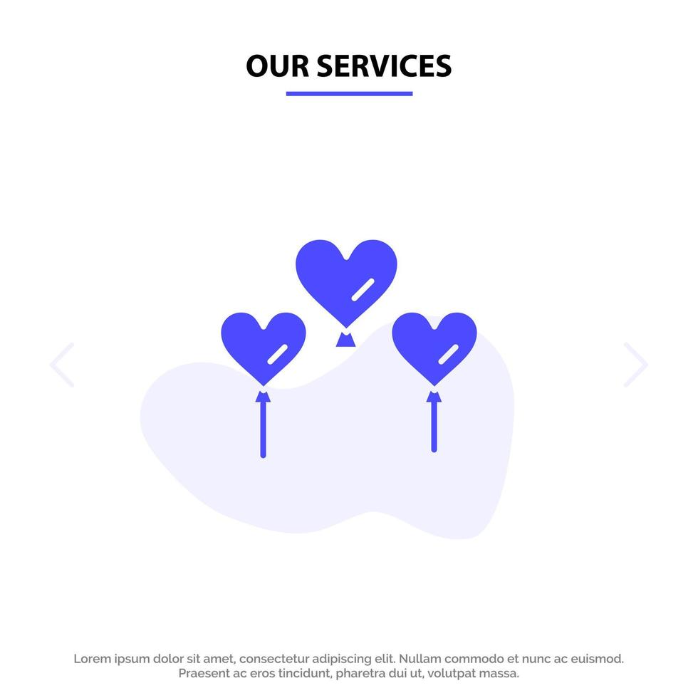 nossos serviços modelo de cartão de web de ícone de glifo sólido de amor de balão de coração vetor