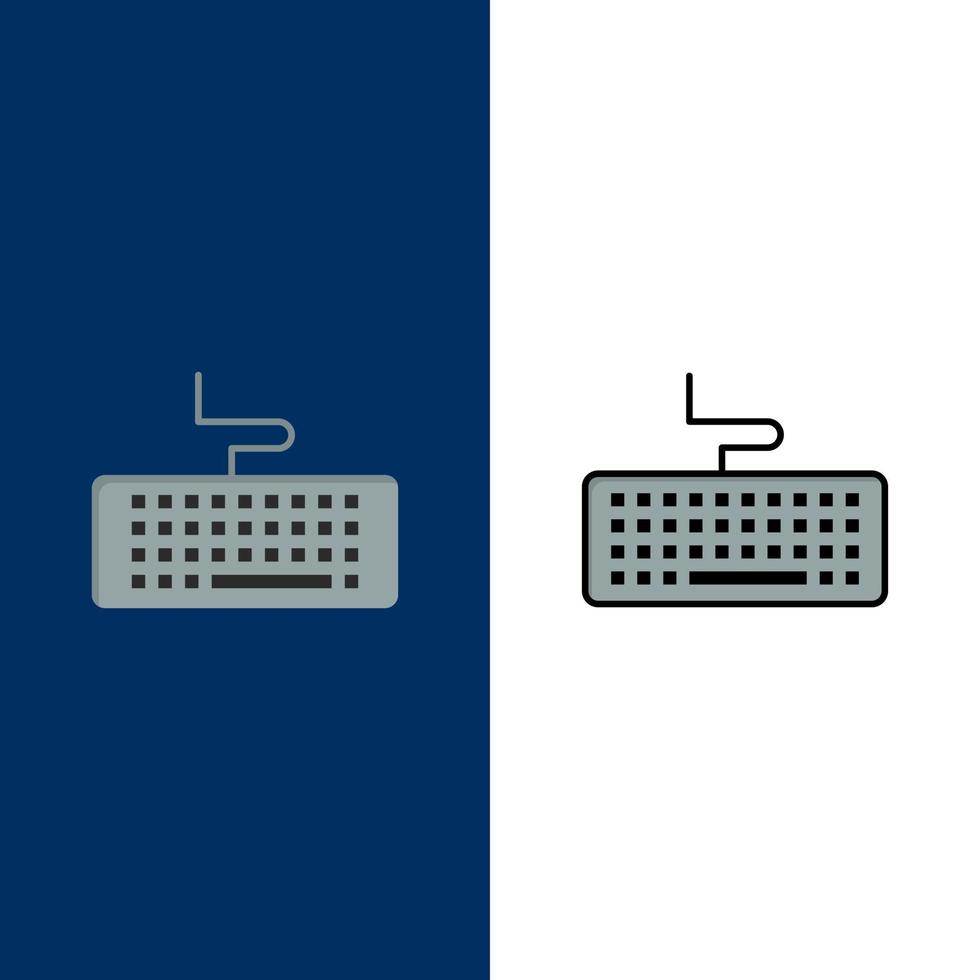 ícones de educação de hardware de teclado de teclas planas e cheias de linha conjunto de ícones vector fundo azul