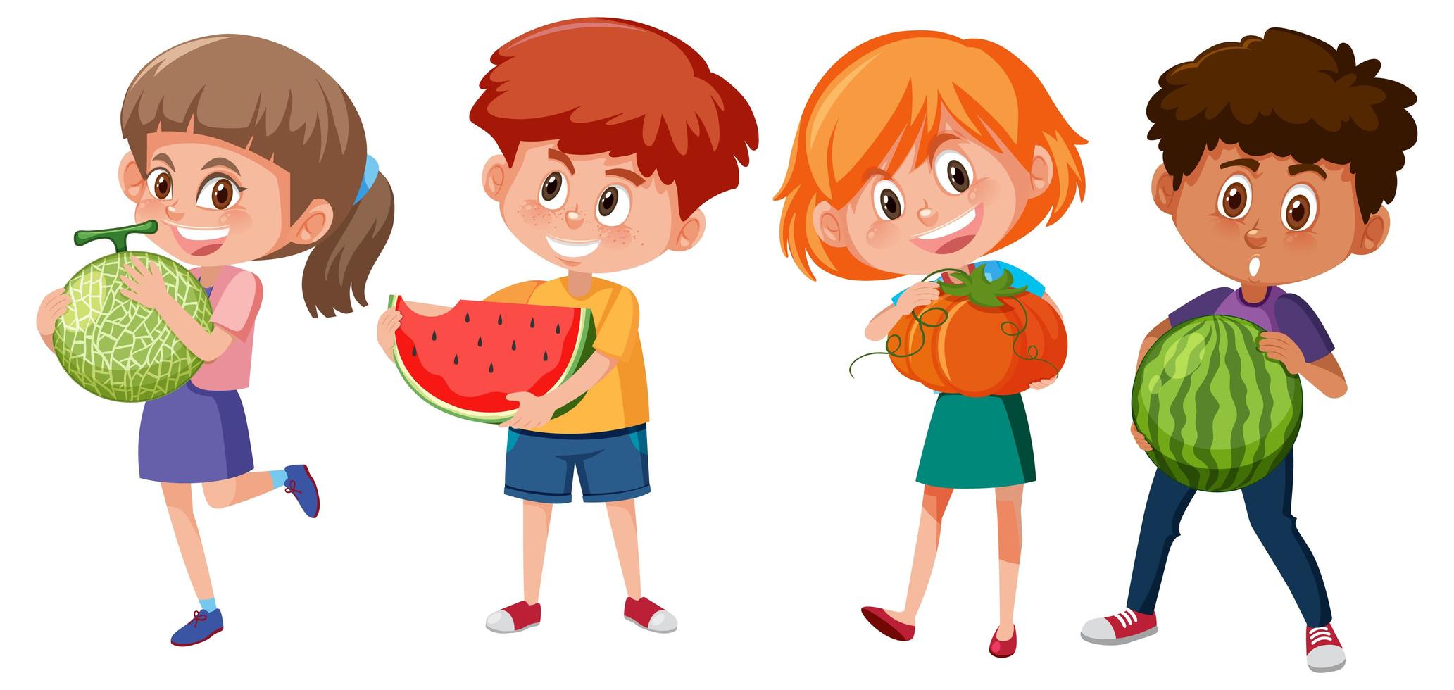 conjunto de diferentes crianças segurando frutas isoladas no fundo branco vetor